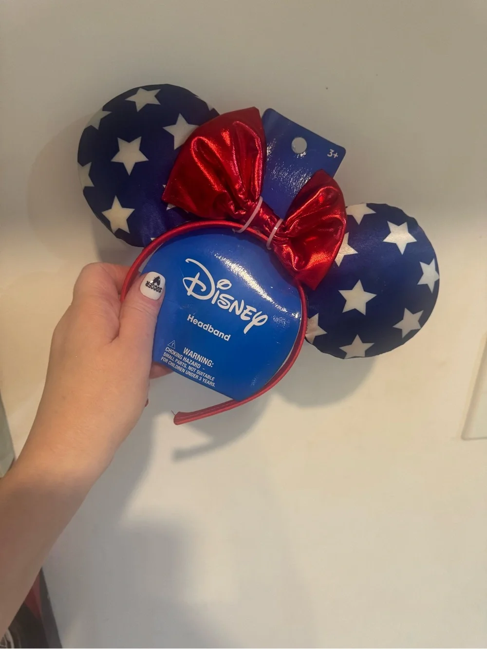 Disney Patriotic Minnie Ear Headband with Red Bow and Navy Star Ears